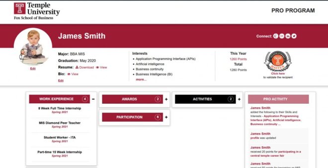 A digital profile for a Temple University Fox School of Business student named James Smith showing education details interests work experience awards activities and a badge for 1280 points earned