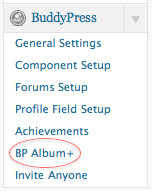 Screenshot of the BuddyPress plugin menu in WordPress showing options such as General Settings Component Setup Forums Setup Profile Field Setup Achievements BP Album+ circled in red and Invite Anyone