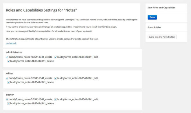 Roles and capabilities settings for Notes