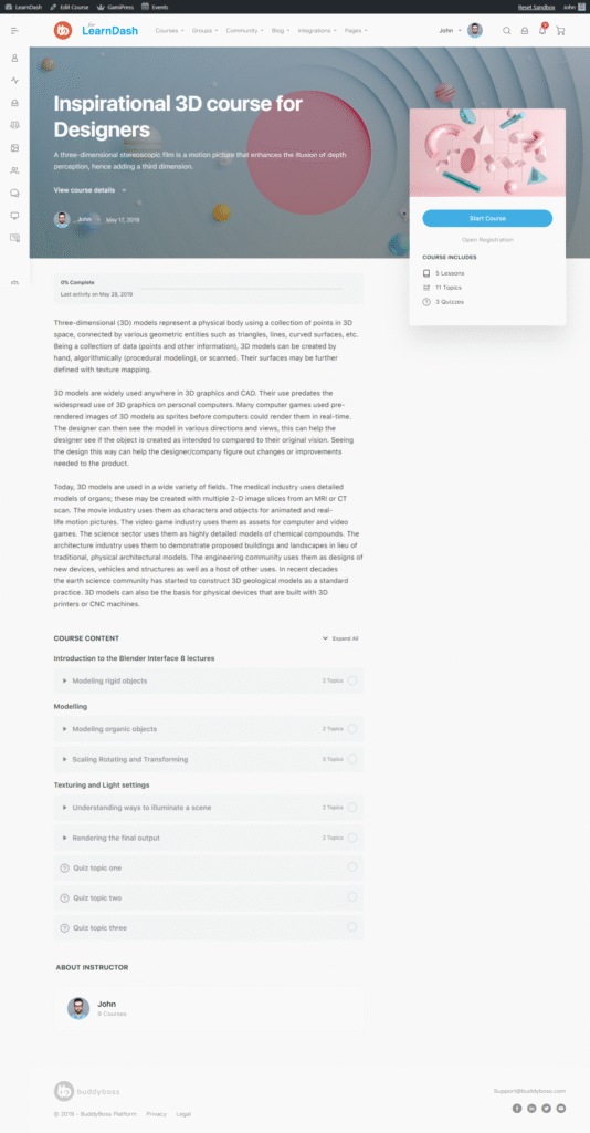 A LearnDash course page titled Inspirational 3D course for Designers featuring a pastel 3D illustration course outline instructor information and description of 3D modeling topics
