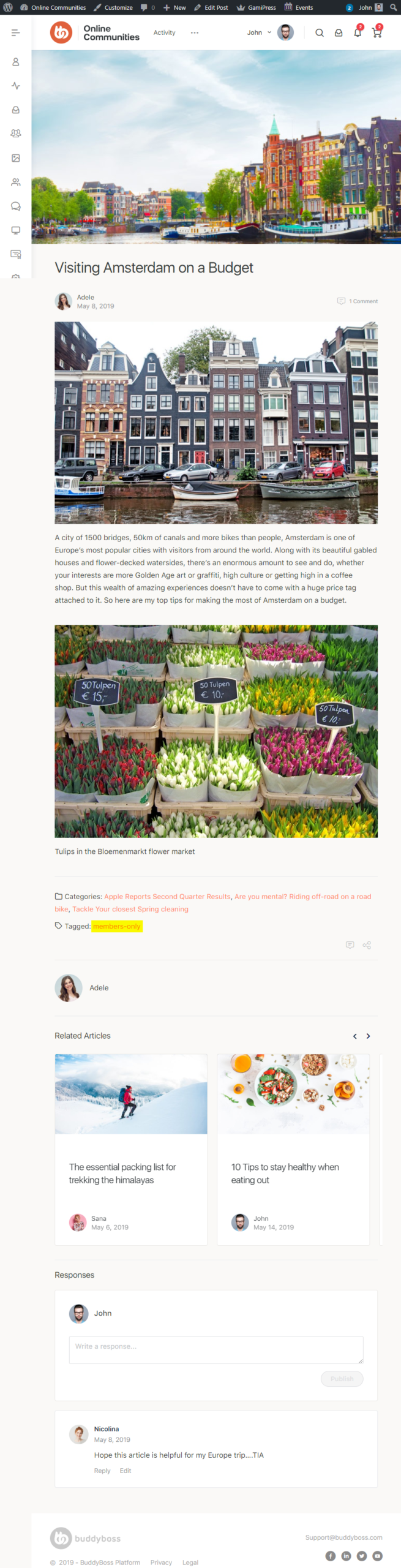 Screenshot of a travel blog article titled Visiting Amsterdam on a Budget featuring photos of Amsterdam canal houses and a colorful flower market with related articles and user comments below