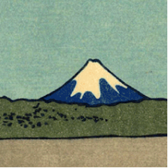 A stylized illustration of a snow-capped mountain, likely Mount Fuji, with green hills in the foreground and a pale blue sky above.