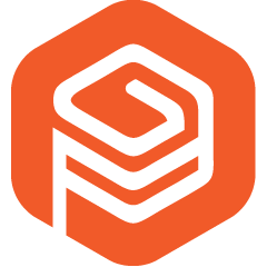 An orange hexagon with a white stylized design resembling the letters GP or an abstract geometric shape, formed by continuous, rounded lines.