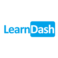The LearnDash logo with Learn in blue text and Dash in white text inside a blue rectangle, set against a light gray background.