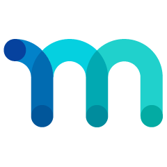 A stylized lowercase letter m composed of two overlapping curved lines in varying shades of blue and teal on a light gray background.