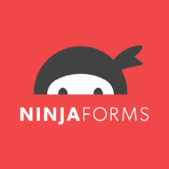 Logo for Ninja Forms featuring a stylized ninja head with a black mask and headband peeking over the words NINJA FORMS on a red background.