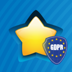 A large yellow star on a blue striped background, partially covered by a blue shield with yellow stars and the acronym GDPR in white letters.