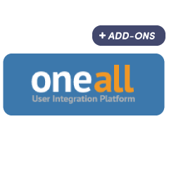 Logo for oneall User Integration Platform on a blue background, with a purple label in the corner that reads + ADD-ONS in white text.