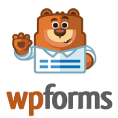 A cartoon bear wearing a shirt waves with one paw. Below the bear, the text wpforms is displayed, with wp in orange and forms in gray.