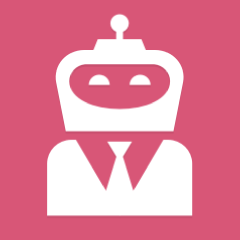 A simple white robot icon with a tie on a solid pink background. The robot has a rectangular head with two eyes and an antenna on top.