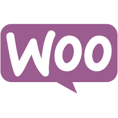 Purple speech bubble with the white text Woo inside, representing the WooCommerce logo.