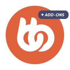 A white, stylized lowercase b and p logo on an orange circle background, with a blue label in the upper right corner that reads + ADD-ONS in white text.