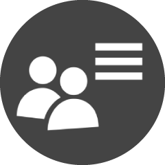 White icon of two simplified people figures and three horizontal lines on a dark gray circular background, representing a user list or group menu.