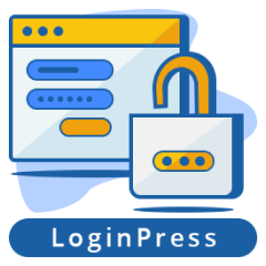 Illustration of a login screen with text boxes and a large padlock, symbolizing security. Below the image is a blue button labeled LoginPress.