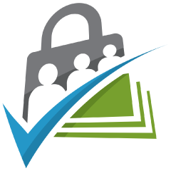 A stylized graphic featuring three abstract people inside a gray lock shape, a blue check mark, and overlapping green rectangles, symbolizing security, approval, and documents.
