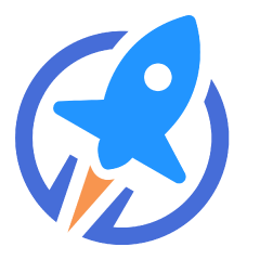 A blue rocket icon with an orange flame, encircled by a blue ring, on a light gray background.
