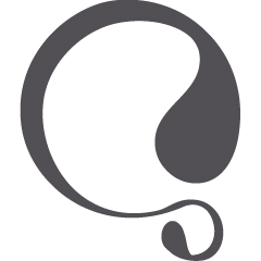 A stylized black and white logo resembling a lowercase letter q with a thick, smooth, and curving design, featuring a teardrop-shaped upper loop and a curling tail at the bottom right.