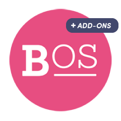 A pink circle with the white text BOS in the center; B is bold, and OS has an underline. A navy label in the top right corner displays + ADD-ONS in white.
