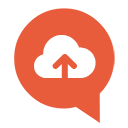 An orange speech bubble contains a white cloud with an upward arrow inside, symbolizing cloud uploading or file transfer to the cloud.