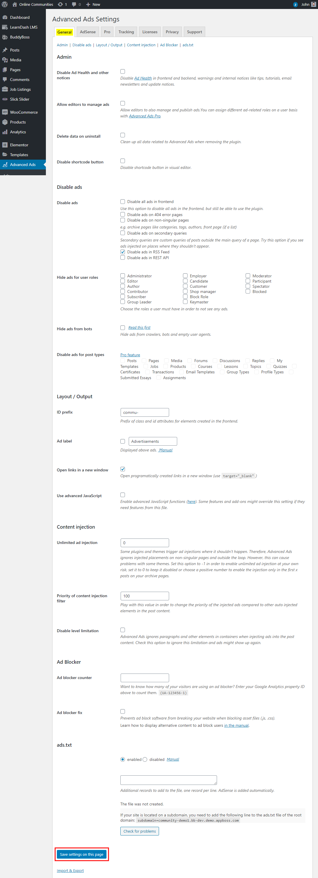 Screenshot of the Advanced Ads Settings page in a WordPress dashboard showing multiple advertisement and output options checkboxes text fields and a red highlighted Save Settings button at the bottom