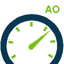A speedometer with a green needle pointing to the upper right and the letters AO in green at the top right corner.