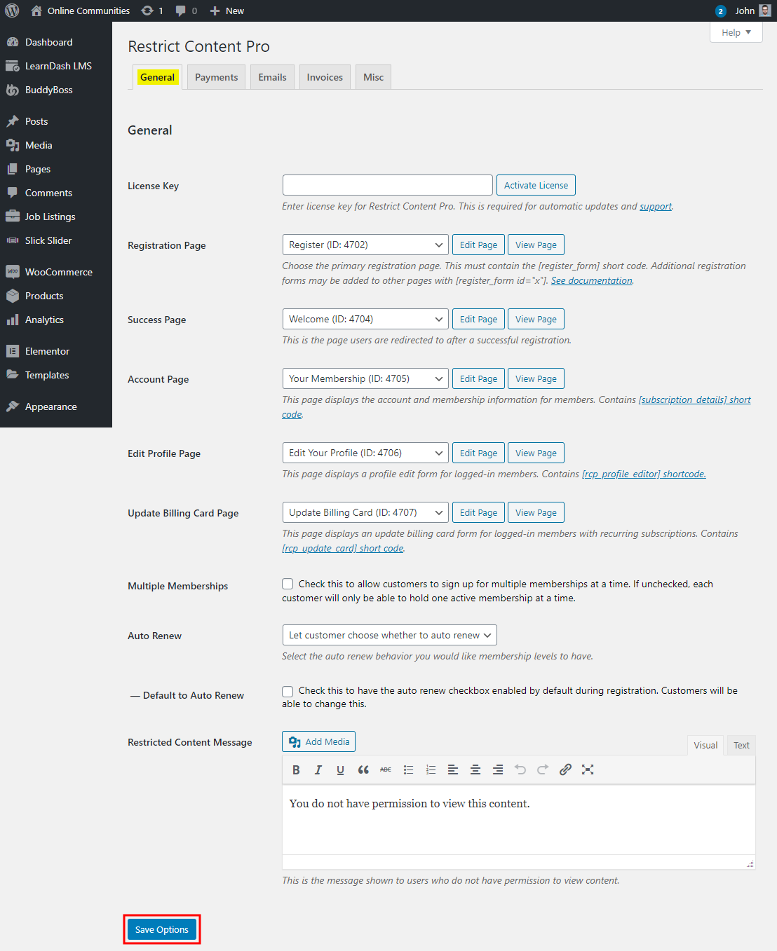 A WordPress admin page for Restrict Content Pro plugin settings showing the General tab with options for license key registration pages billing email and other settings Save Options button is highlighted at the bottom