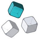 Three 3D cubes are shown. The top-left cube is shaded teal, while the bottom two cubes are white with gray outlines, appearing transparent or hollow. All cubes have soft edges and are tilted at different angles.