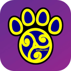A stylized black paw print with yellow and blue swirls in the center set against a purple gradient background The text pnyxecom appears inside the swirled center