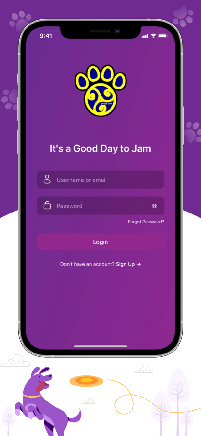 A smartphone displays a purple pet themed app login screen with a yellow paw logo Fields for username and password a Login button and a Sign Up link are shown A playful dog illustration is at the bottom
