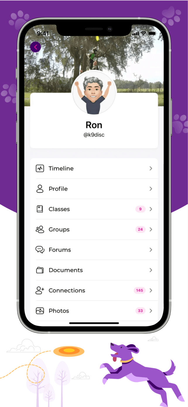 A smartphone displays a pet themed social app profile for Ron k9disc showing options like Timeline Profile Classes Groups Forums Documents Connections and Photos A playful purple dog illustration is below