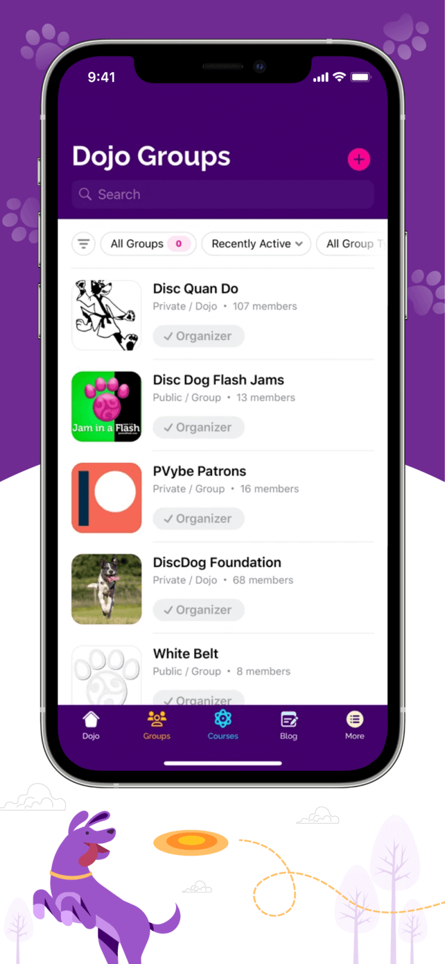 A smartphone screen shows a Dojo Groups app with a search bar group filters and a list of dog related groups The background is purple with playful dog and paw print illustrations at the bottom