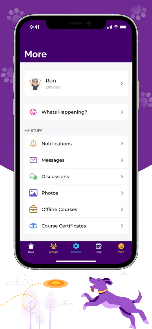 A smartphone screen displays a user profile page in an app The profile shows a username options like notifications messages discussions photos offline courses and course certificates A purple dog illustration is at the bottom