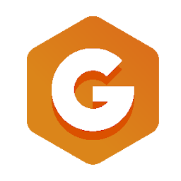 A bold white letter G is centered on an orange hexagon with a subtle gradient, set against a light gray background.