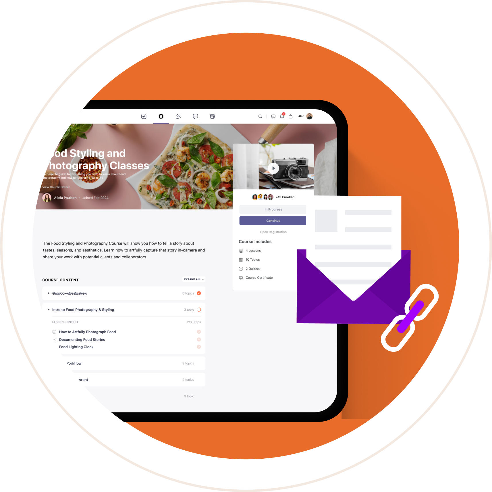 A BuddyBoss course page with marketing email
