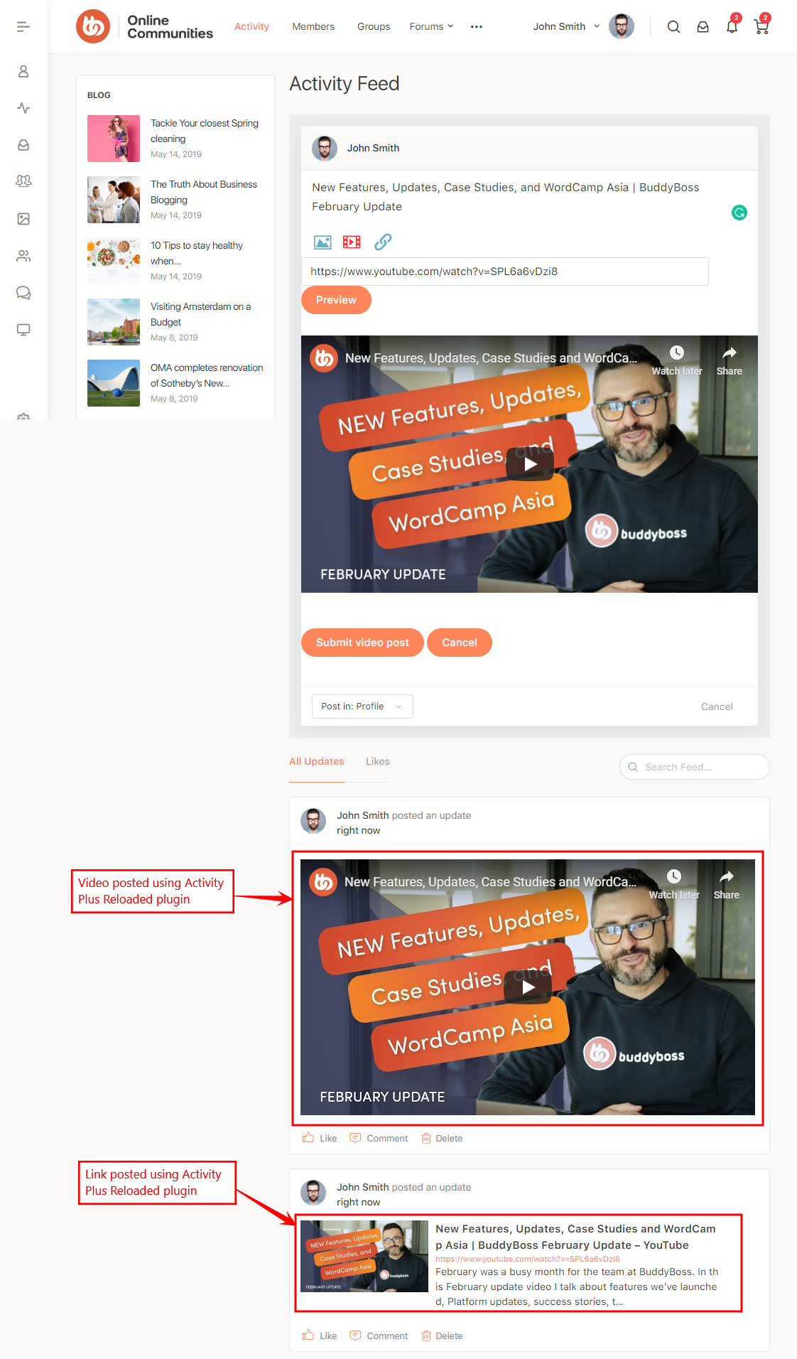 Activity Plus Reloaded for BuddyPress   Preview on the Activity Feeds page