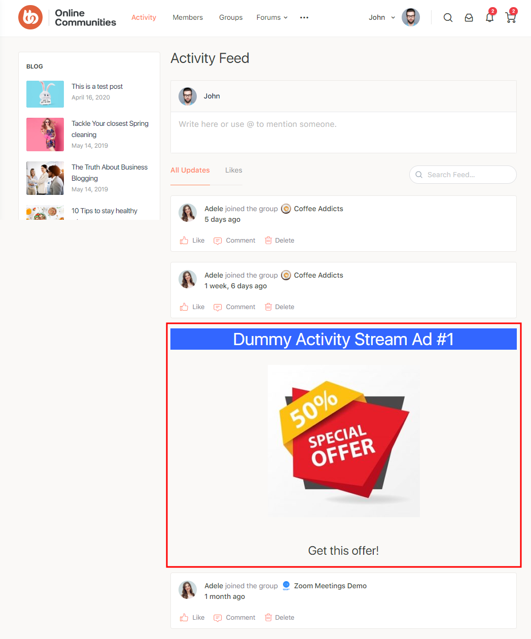 Advanced Ads Pro   BuddyBoss Integration   Ad preview on the Activity feed