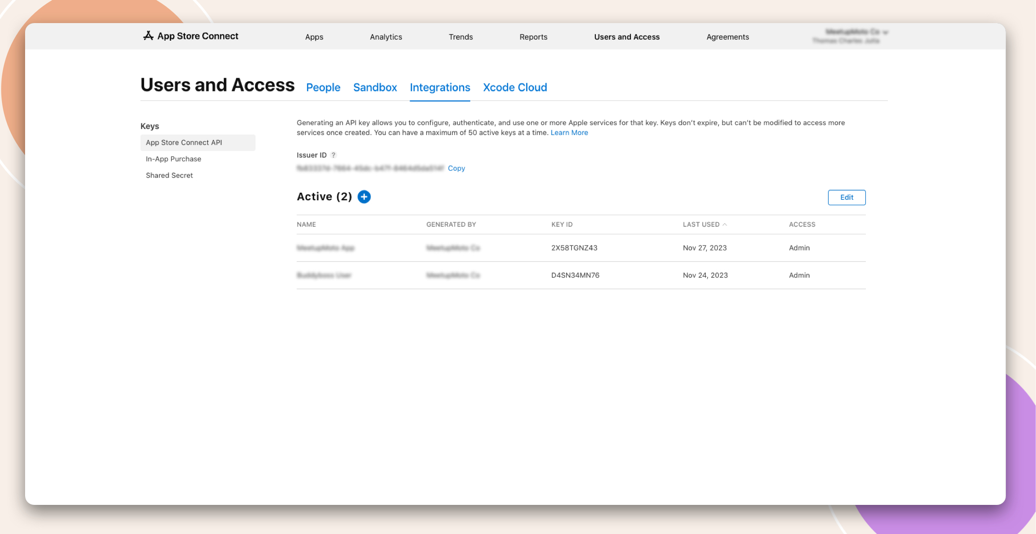 App store connect under Users and access page