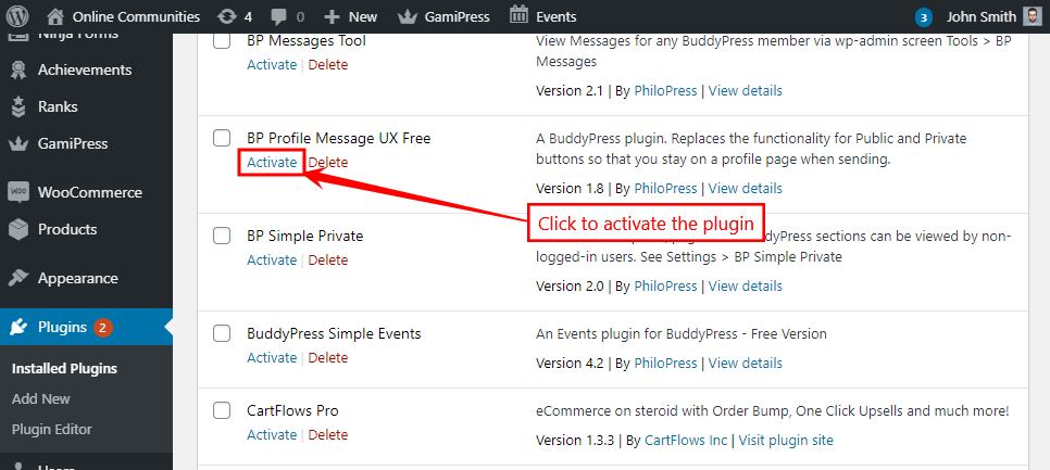 BuddyMessageUX Free   Activating the plugin