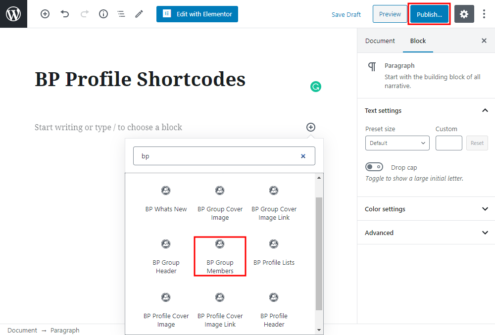 BP Profile Shortcodes Extra   Adding a shortcode to a page or post