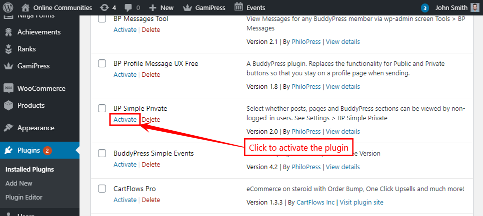 BP Simple Private   Activating the plugin