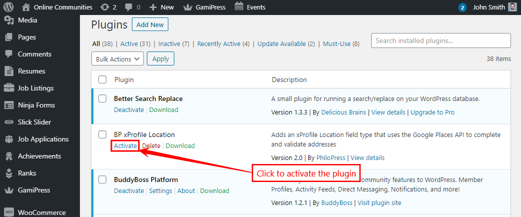 BP xProfile Location   Activating the plugin