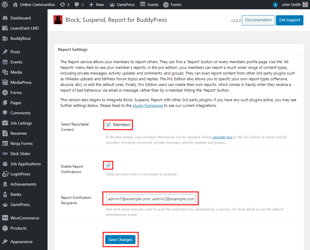 Block Suspend Report for BuddyPress   Configuring the Report Settings