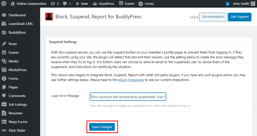 Block Suspend Report for BuddyPress   Configuring the Suspend Settings