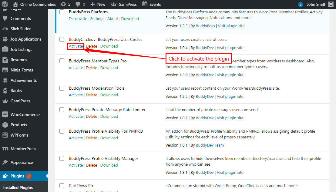 BuddyCircles   BuddyPress User Circles   Activating the plugin