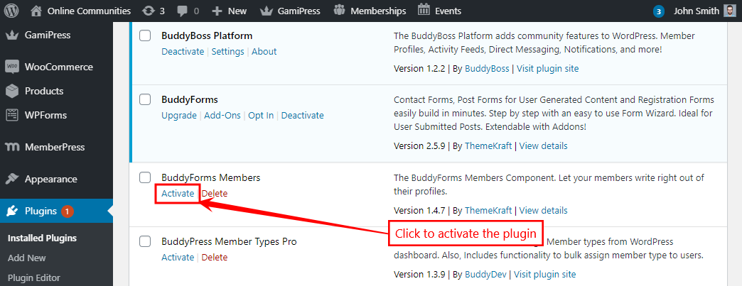 BuddyForms Members   Activating the plugin