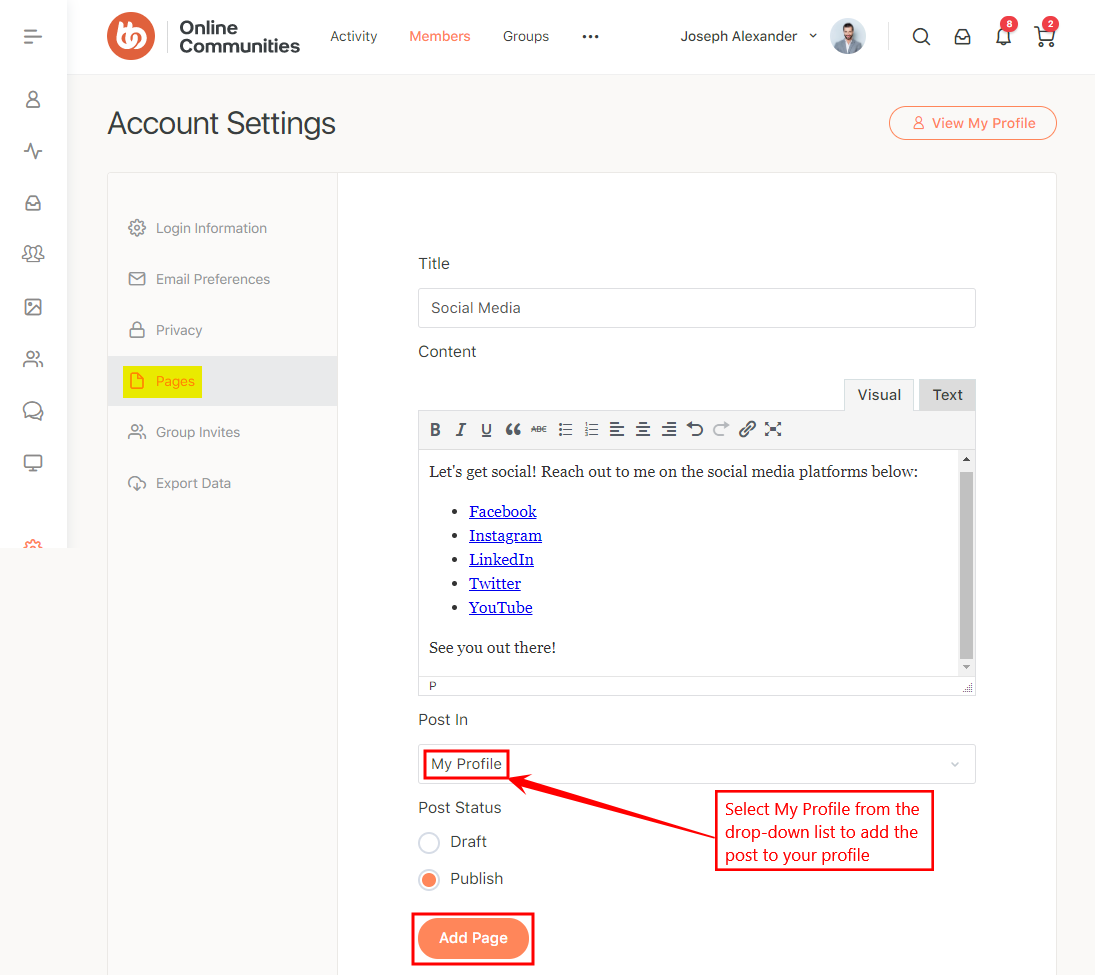 Buddypages Adding A Profile Page | BuddyBoss BuddyPages Adding a profile page