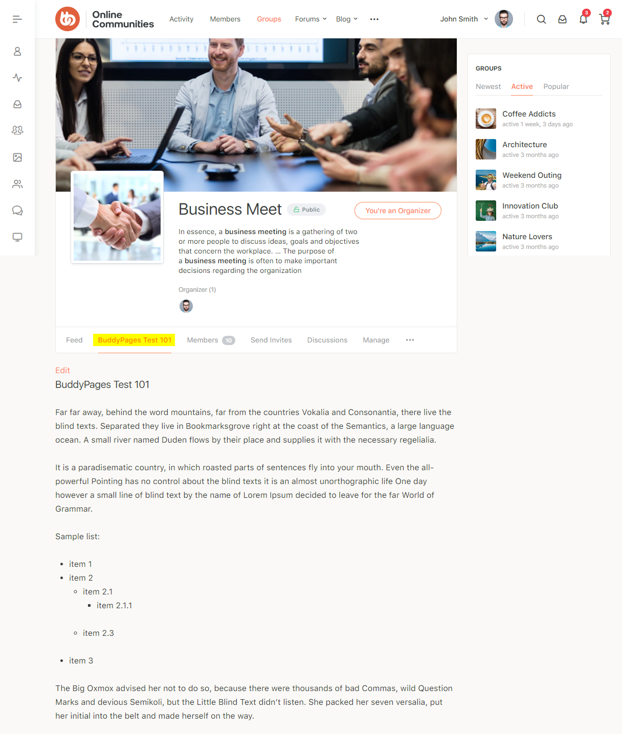 Buddypages Group Page Preview | BuddyBoss BuddyPages Group page preview