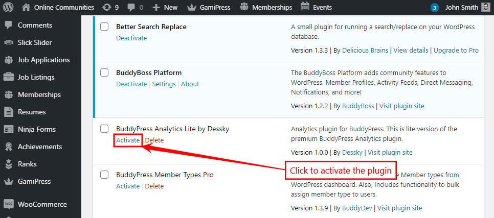 BuddyPress Analytics   Activating the plugin