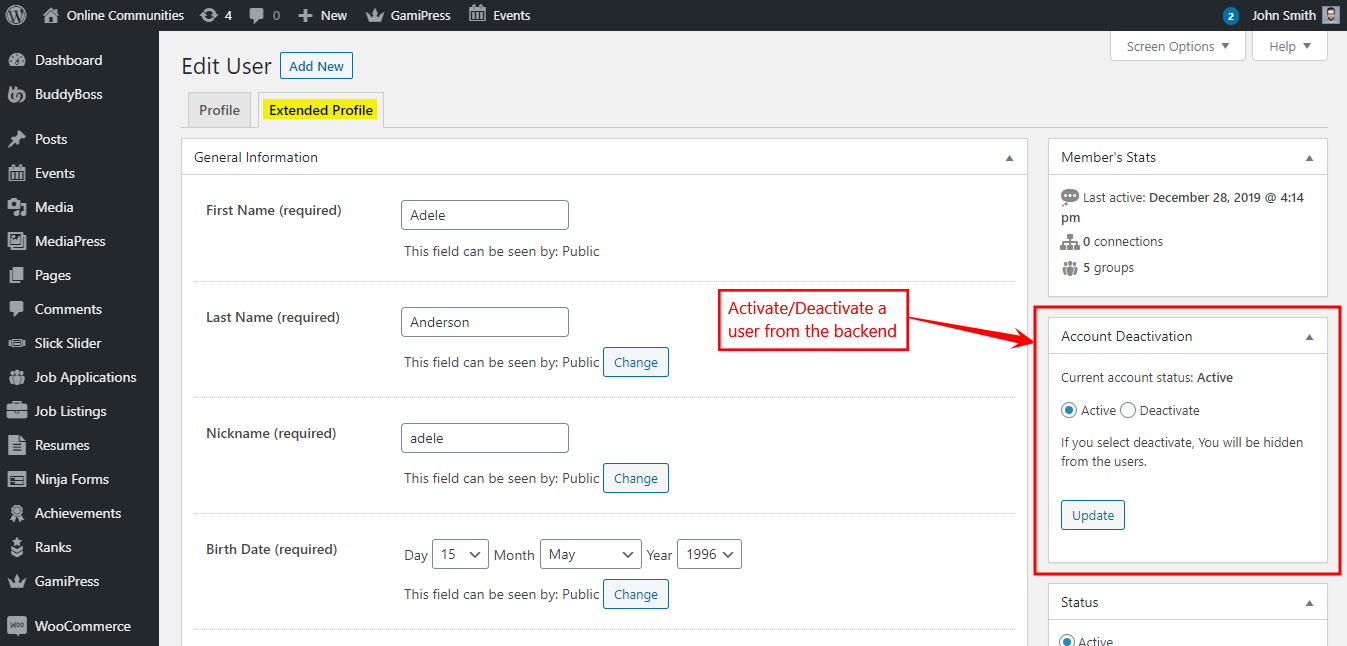 BuddyPress Deactivate Account   Activating or Deactivating a user from the backend