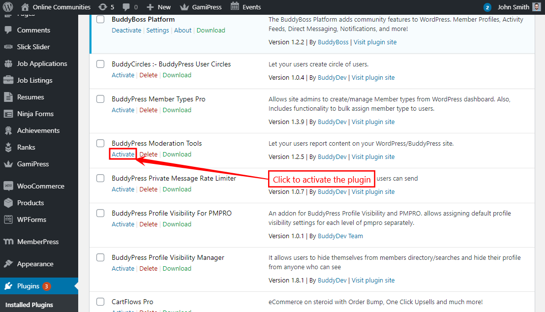 BuddyPress Moderation Tools   Activating the plugin